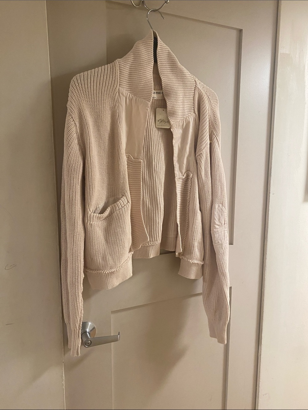 We The Free Cream Open-Front Knit Cardigan with Patch Pockets